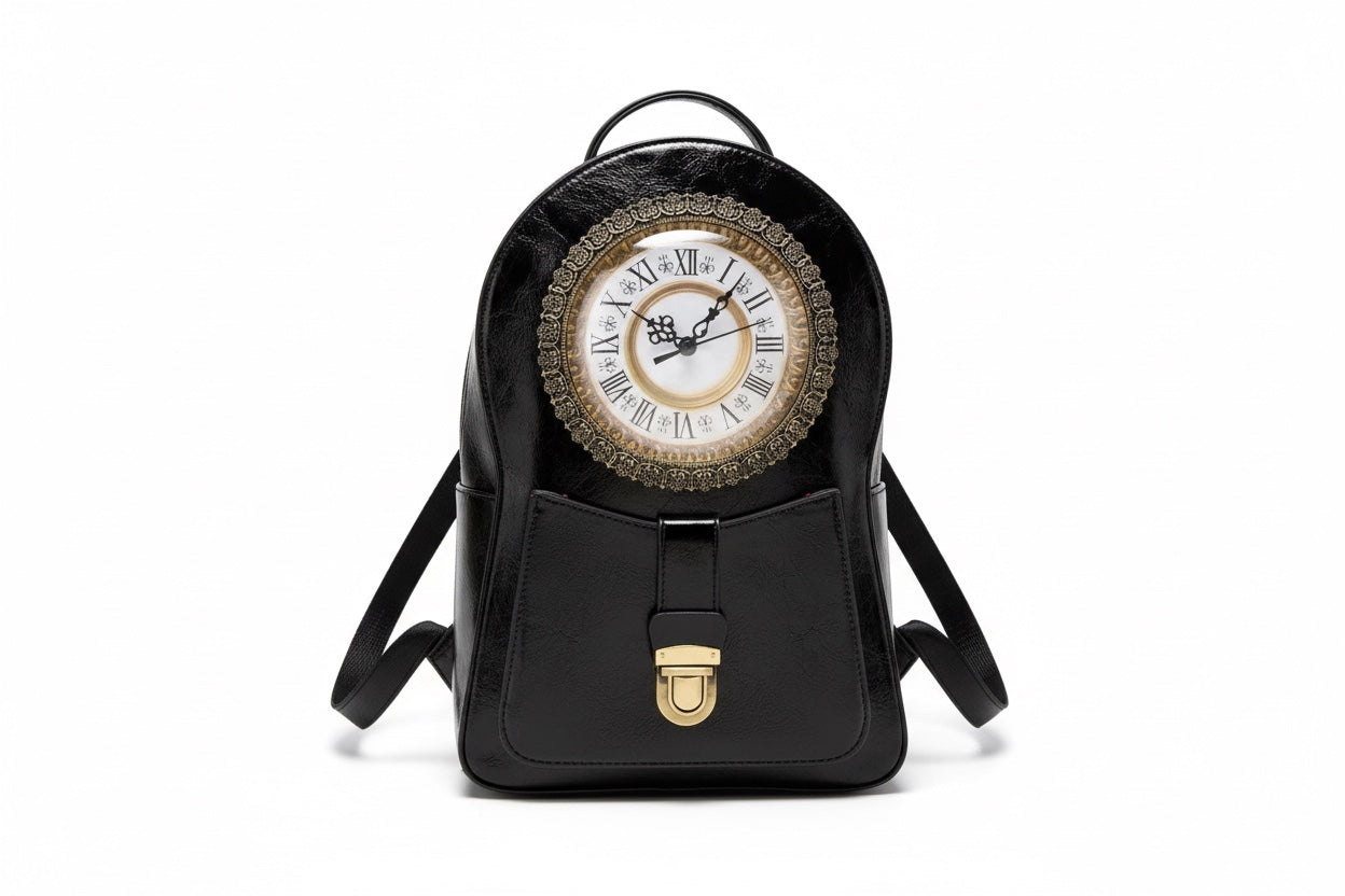 Black backpack with a clock face design 