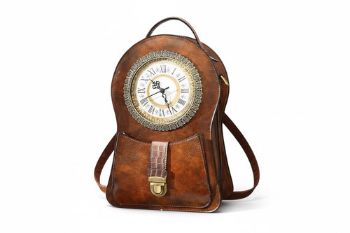 Brown leather backpack with clock face design 