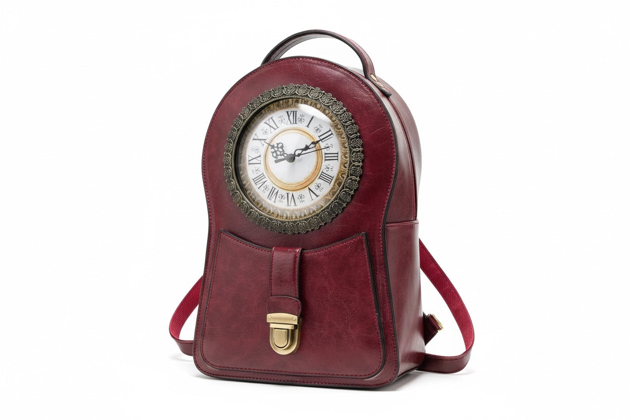 Red backpack with clock face design on a white background